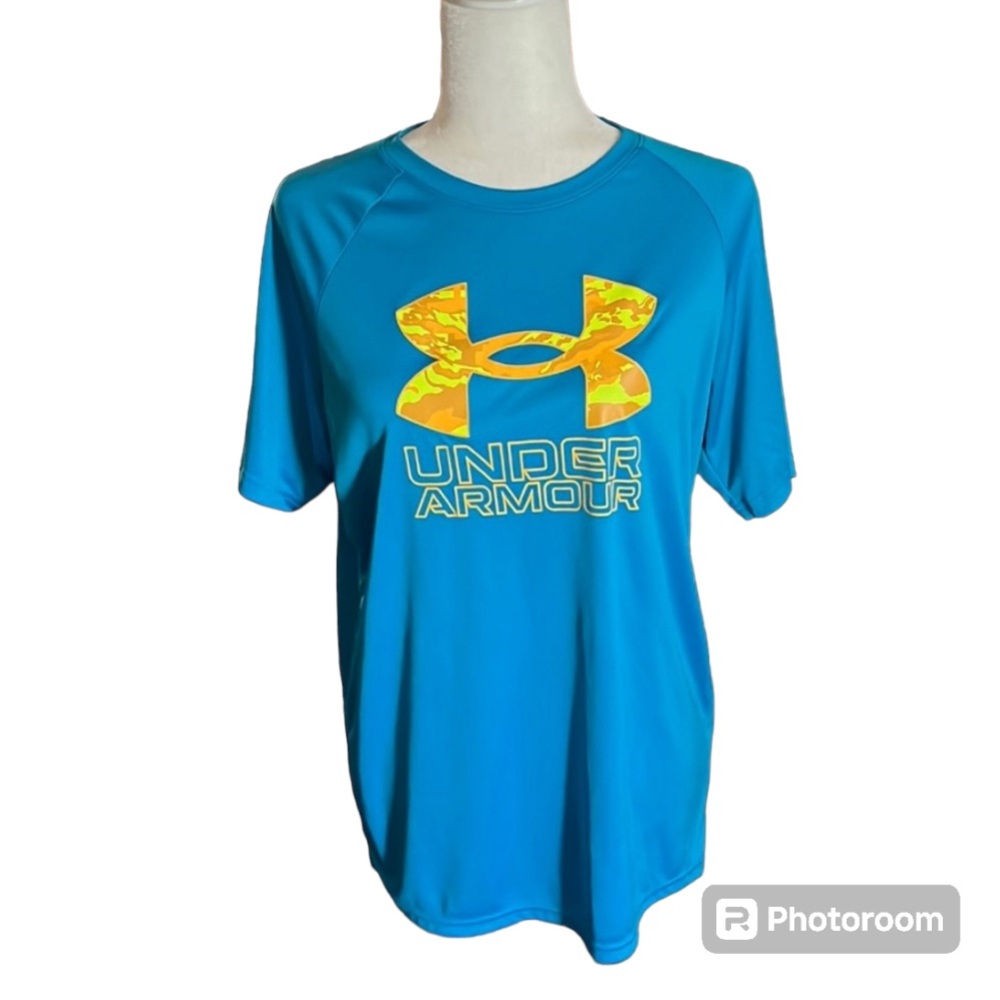 Under Armour Youth UA Heatgear Blue Tech Hybrid Print T-Shirt Size YXL